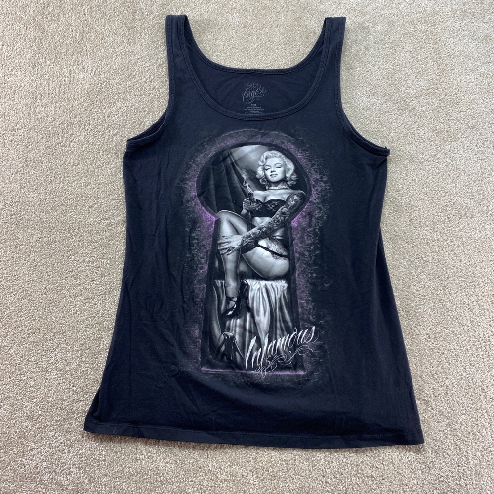 DG Angels Shirt Womens 2XL Black Marilyn Monroe Tattoo Graphic Tank Top‎